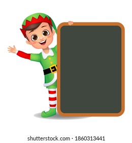 boy kid in elf dress with big board