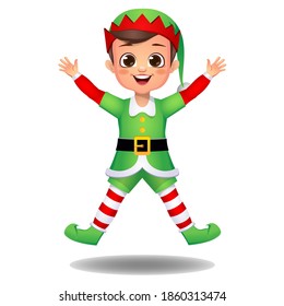 boy kid in elf dress flying
