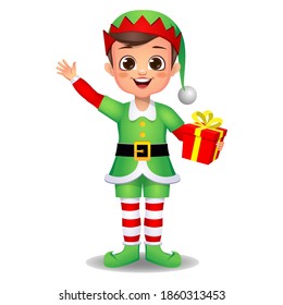 boy kid in elf dress with gift