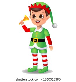 boy kid in elf dress with ringing bell