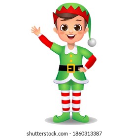 boy kid in elf dress saying hello