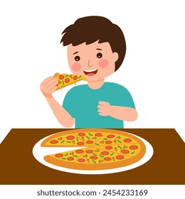 Boy kid enjoy eating pizza in flat design on white background.