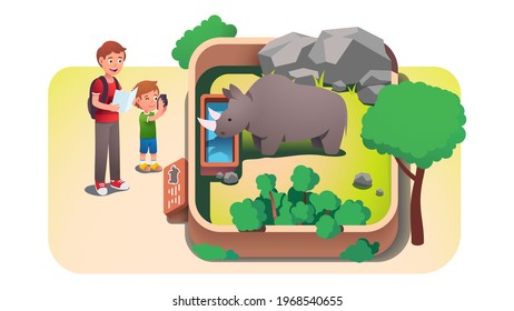 Boy kid, father parent taking photos in zoo. Family enjoying nature visiting zoo, watching rhinoceros animal drinking water in enclosure. Flat vector character isolated illustration