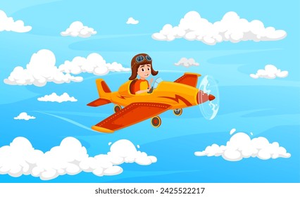 Niño que vuela en el avión o niño piloto en el avión en el cielo nublado, fondo de vector de dibujos animados. Piloto infantil volando en avión de hélice en casco de aviador con gafas para niño sueño de aviación o juego de niños