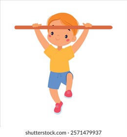 Boy Kid Hang on Bar at Sport Lesson Vector Illustration