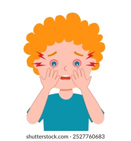 Boy kid having eye pain and red eye in flat design.