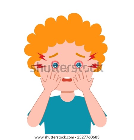 Boy kid having eye pain and red eye in flat design.