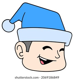 boy kid head is smiling wearing a sleeping beanie, vector illustration carton emoticon. doodle icon drawing
