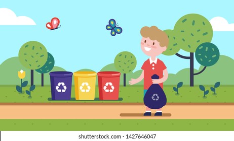 Boy kid hold sack & taking out litter, garbage to different colored separation recycle bins outdoor. Child cartoon character sorting waste. Separate waste collection. Flat vector illustration