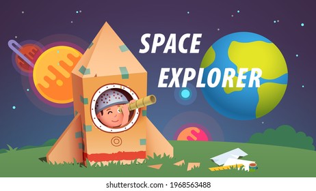 Boy kid inside self made cardboard rocket playing space explorer astronaut. Child pretending to be earthling cosmonaut looking through improvised telescope. Creative child flat vector illustration