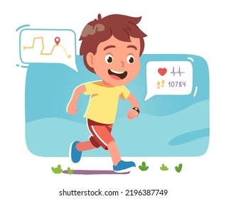 Boy Kid Jogging Using Fitness Tracker. Athlete Child Person Running With Navigation, Steps, Heart Beat Rate Health Monitor On Smart Watch. Technology In Sport Training Concept Flat Vector Illustration