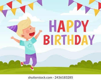 Boy Kid Jumping with Joy Enjoy Party Celebration Vector Illustration