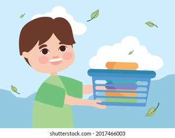 boy kid with laundry basket in front of landscape
