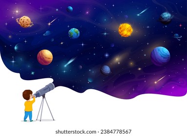 Boy kid looking through a telescope space planets at night, vector astronomy and education. Cartoon boy character observing galaxy planets, stars, meteors and asteroids on starry sky background