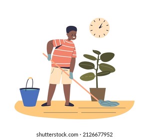 Boy kid mopping floor in living room. Small child help do housework at home. Children helping with household and housekeeping concept. Cartoon flat vector illustration