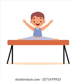 Boy Kid on Pommel Horse at Sport Lesson Vector Illustration