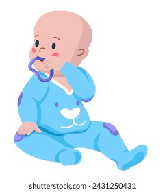 Boy kid personage with silicone toy biting. Isolated cute child character in onesie with bear print. Infant looking aside, kiddo with blush on face and no hair on head. Vector in flat styles