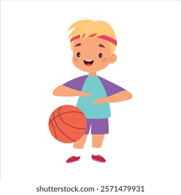 Boy Kid Play Basketball at Sport Lesson Vector Illustration