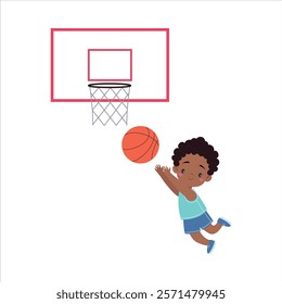 Boy Kid Play Basketball at Sport Lesson Vector Illustration