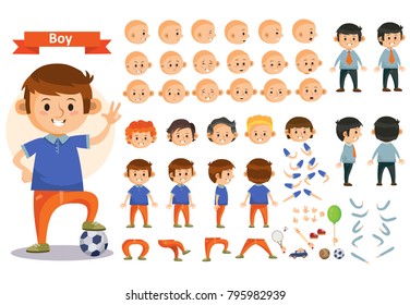 Boy Kid Playing Football And Toys Vector Cartoon Child Character Constructor Isolated Icons Body Parts, Hair Or Legs, Arms And Face Emotions. Construction Set For Create Young Boy Child Playing Sports