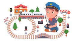 Boy Kid Playing With Toy Railway Road, Rc Controlled Train Locomotive And Carriage, Sitting On Floor, Wearing Train Driver Uniform. Child Enjoying Game. Flat Vector Character Illustration