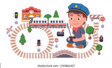 Boy kid playing with toy railway road, rc controlled train locomotive and carriage, sitting on floor, wearing train driver uniform. Child enjoying game. Flat vector character illustration