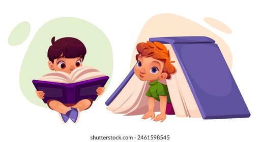 Boy kid read book in school library cartoon vector. Cute and happy pupil character learn story and study english in preschool isolated icon set. Young student reader sit with literature clipart