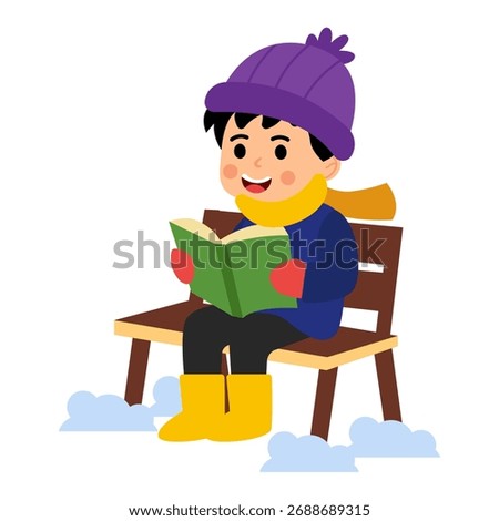 Boy Kid Reading Book on Park Bench