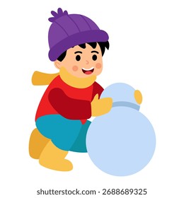 Boy Kid Rolling Big Snowball in Winter