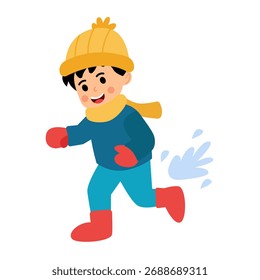 Boy Kid Running in Winter Snow