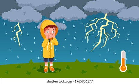 Boy kid scared of thunder, lightning walking outdoors on rainy thunderstorm day with dark clouds. Worried child wearing raincoat. Summer season weather temperature. Flat vector illustration