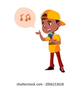Boy Kid Singer Singing Song In Microphone Vector. African Infant Singing Song In Mic Electronic Device. Character Preteen Karaoke Recreational Active Time Flat Cartoon Illustration