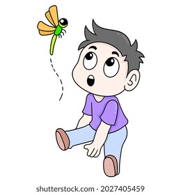 boy kid is sitting admiring nature insects flying dragonflies, vector illustration art. doodle icon image kawaii.