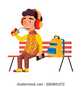 Boy Kid Sitting On Bench And Drink Juice Vector. Asian Preteen Infant Listening Music In Park And Drinking Natural Cherry Juice Package. Character Relaxing Outdoor Flat Cartoon Illustration