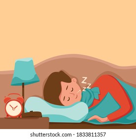 Boy kid sleep in bed at night vector illustration. Child in pajama having a sweet dream in bedroom