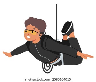 Boy kid special agent cartoon character hanging on rope conducting secrete mission vector illustration. Cute male child levitating on string over floor providing spy operation isolated on white