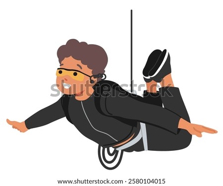 Boy kid special agent cartoon character hanging on rope conducting secrete mission vector illustration. Cute male child levitating on string over floor providing spy operation isolated on white