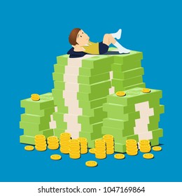 Boy kid with stack money and coins. In the concept of saving and saving children's cartoon illustrations flat on a blue background.