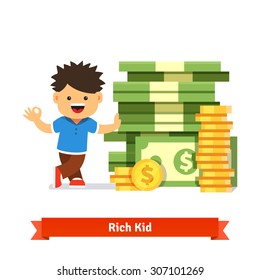 Boy kid standing and leaning to a huge pile of money. Stacked dollar bills and coins. Children savings and finance concept. Flat style cartoon vector illustration isolated on white background.