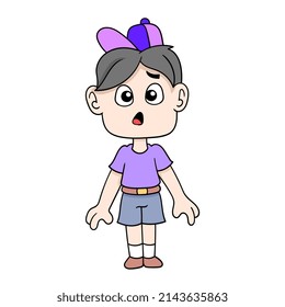Junge Junge Kind steht erstaunt, Vektorgrafik Kunst. doodle Symbol Bild kawaii.