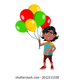 Boy Kid Standing With Multicolored Balloons Vector. Happy African Small Child Staying With Helium Balloons Bunch Present. Character Infant With Attractive Gift Flat Cartoon Illustration