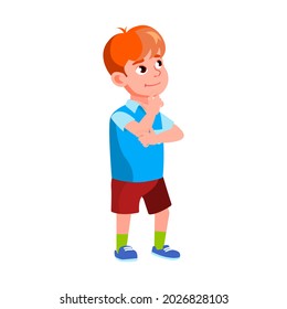 Niño Parado En La Tienda Y Pensando En El Vector. Niños Caucásicos En Tiendas Pensando Y Escogiendo El Postre De Helado Crema. Carácter Pequeño Tipo Resolver Problema Ilustración De Dibujo Plano