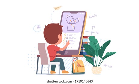 Boy Kid Student Solving Geometry Problem On Big Mobile Cell Phone Screen Studying Online. Child Person Learning Or Doing Test Sitting At Home Desk. Distance Education Concept Flat Vector Illustration