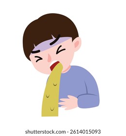 The boy or kid is suffering from vomit, sickness, nausea and food poisoning. Illustration