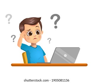 boy kid is thinking by seeing the laptop