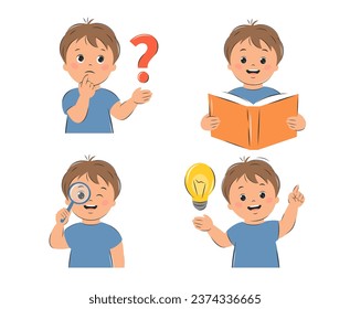 Boy kid thinks, reads a textbook, looks through a magnifying glass, finds an answer or an idea. Knowledge and education concept. Set of vector illustrations for children's design or school.
