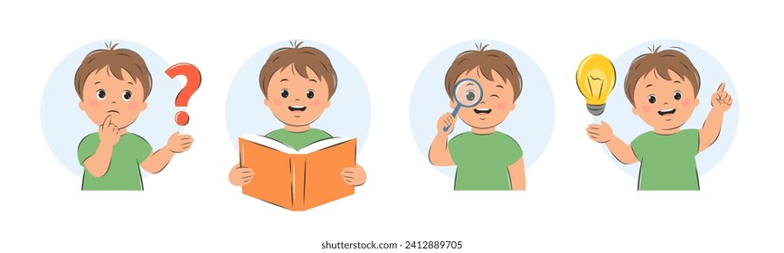 Boy kid thinks, reads a textbook, looks through a magnifying glass, finds an answer or an idea. Knowledge and education concept. Set of vector illustrations for children's design or school.
