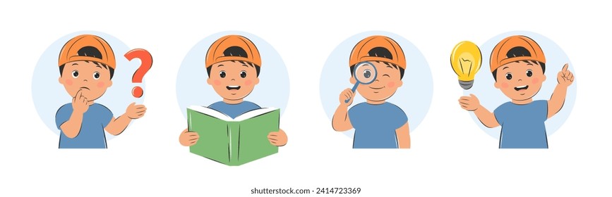 Boy kid thinks, reads a textbook, looks through a magnifying glass, finds an answer or an idea. Knowledge and education concept. Set of vector illustrations for children's design or school.
