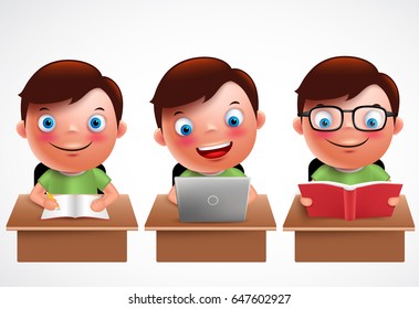 Boy kid vector characters set. Male preschool student studying, reading and browsing in laptop in the desk table with happy smile isolated in white background. Vector illustration.
