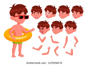 Boy Kid Vector. Positive Child In Water Park. Emotions, Gestures. Summer Vacation. Animation Creation Set. Isolated Flat Cartoon Character Illustration